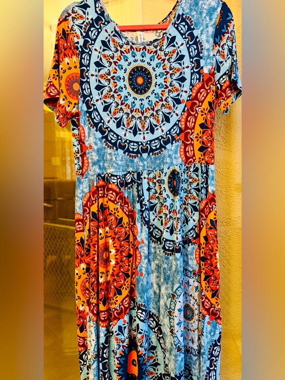 Boho Midi Dress with Blue & Orange Mandala Print